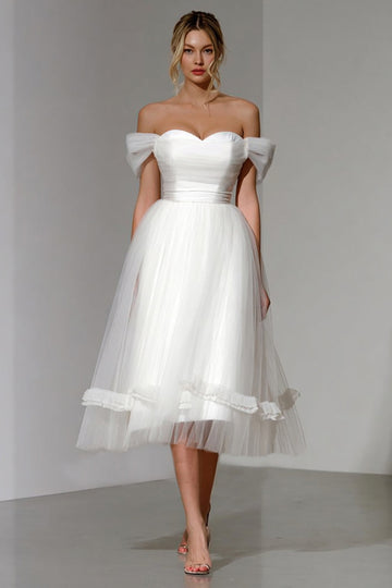 White Off The Shoulder A Line Midi Wedding Reception Dress